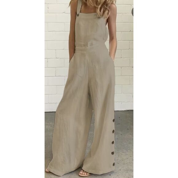 NWOT Beige Wide-Leg Women’s Button Detail Jumpsuit – Size M - Picture 1 of 10